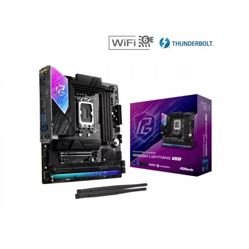 Moederbord ASRock B860M Lightning WiFi — Intel B860, LGA1851, microATX, DDR5, 4 DIMM, Wi‑Fi 6E, 2.5Gb LAN, Thunderbolt 4