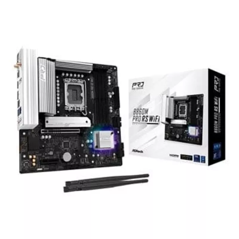 Moederbord ASRock B860M Pro RS WiFi — Intel B860, LGA 1851, micro ATX, DDR5, 4 DIMM, 3x M.2, 2.5Gb LAN, Wi‑Fi, Bluetooth