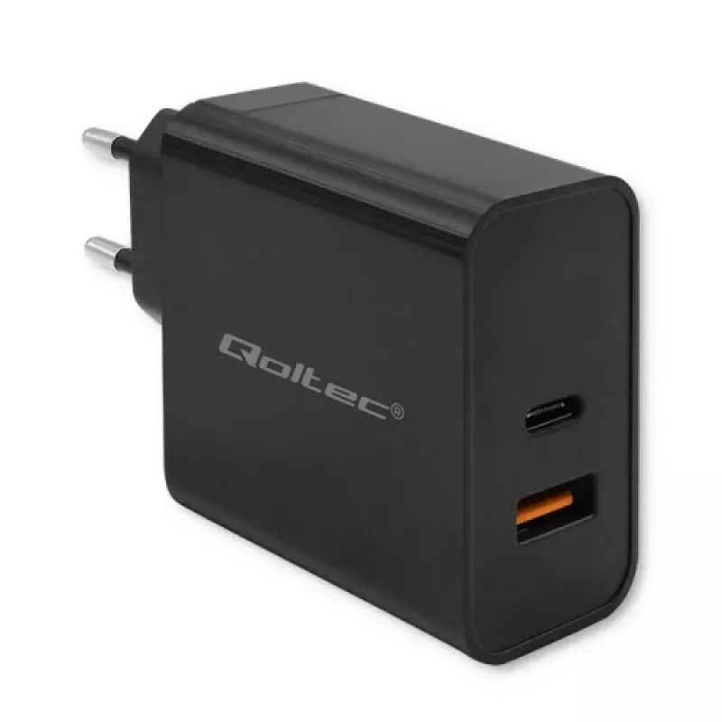 Qoltec 52380 Super Quick PD-oplader | 1xUSB-C | 1xUSB | 65W | 5-20V | 1,5-3,25A | zwart