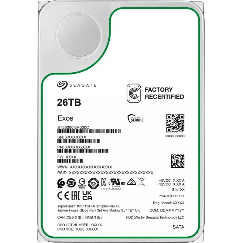 Seagate Exos ST26000NM000C-FR 26 TB 3,5 inch SATA-600 harde schijf, 7200 rpm, Factory Refurbished