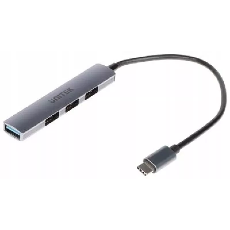 USB-C-hub Unitek H1208B — 1x USB-A 5 Gbit/s, 3x USB-A 2.0, USB-C-host, aluminium behuizing, 0,20 m kabel
