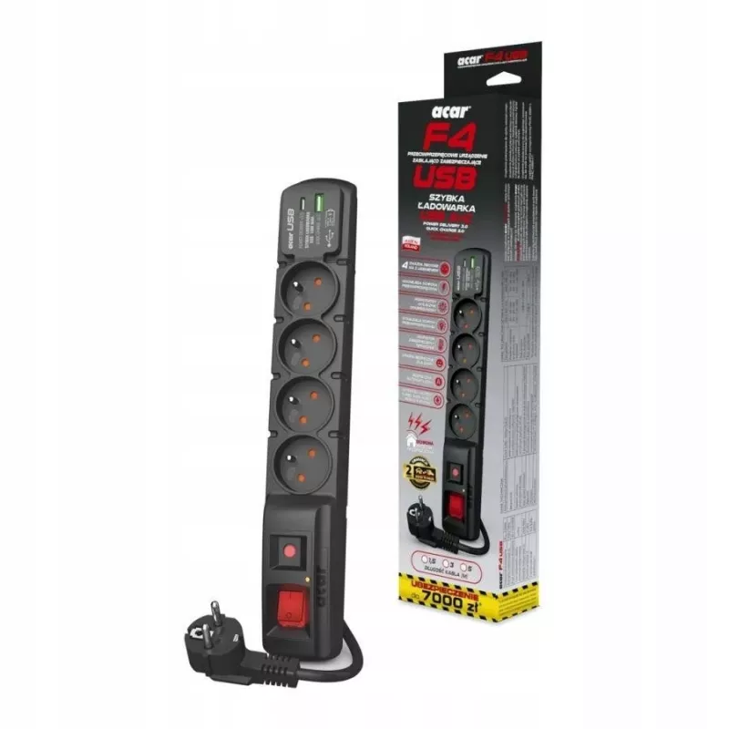 Acar F4 USB A+C overspanningsbeveiligingskabel (snellader) 5m ; zwart