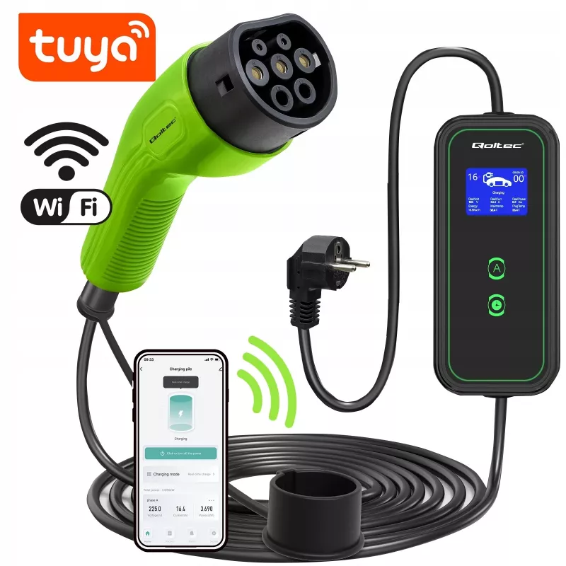 Qoltec Mobiele EV-autolader Verstelbaar 2in1 Type2 | 3.5kW | 230V | Wi-Fi | LCD | Draagbaar | Wallbox | 5m