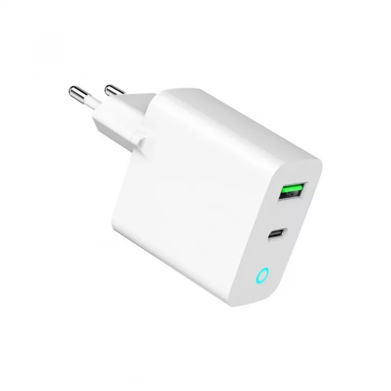 Netlader 220V GEMBIRD, universeel, 1x USB Type-C PD 20 W, 1x USB-A 3.0 QC 18 W, LED-indicator, wit