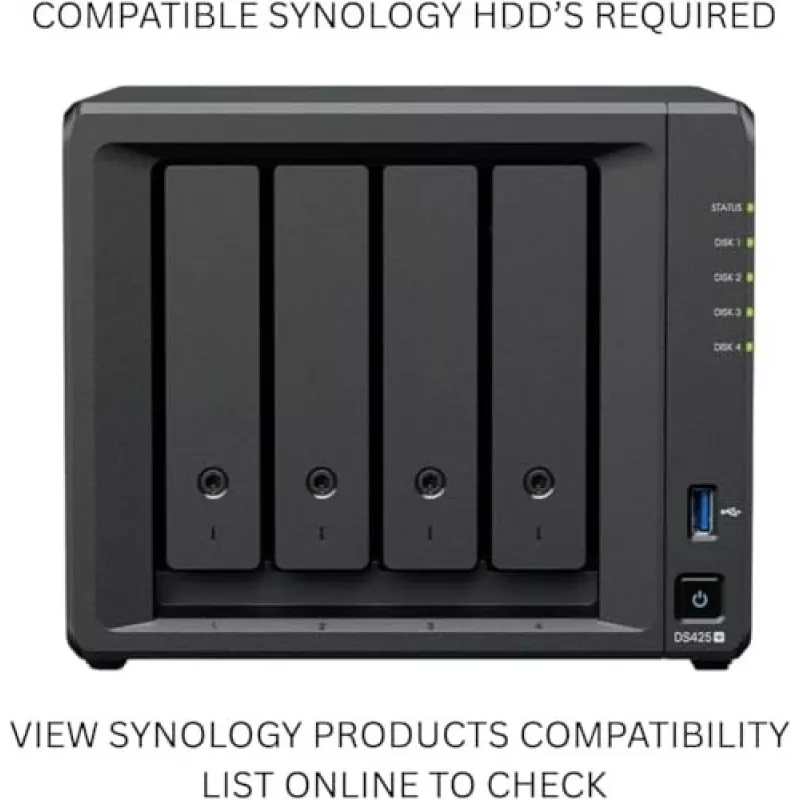 NAS-opslagserver SYNOLOGY DS425+ — 4-bay, Intel Celeron J4125 2,0–2,7 GHz, 2 GB DDR4, 0 TB, 2,5GbE, 2 M.2-sleuven