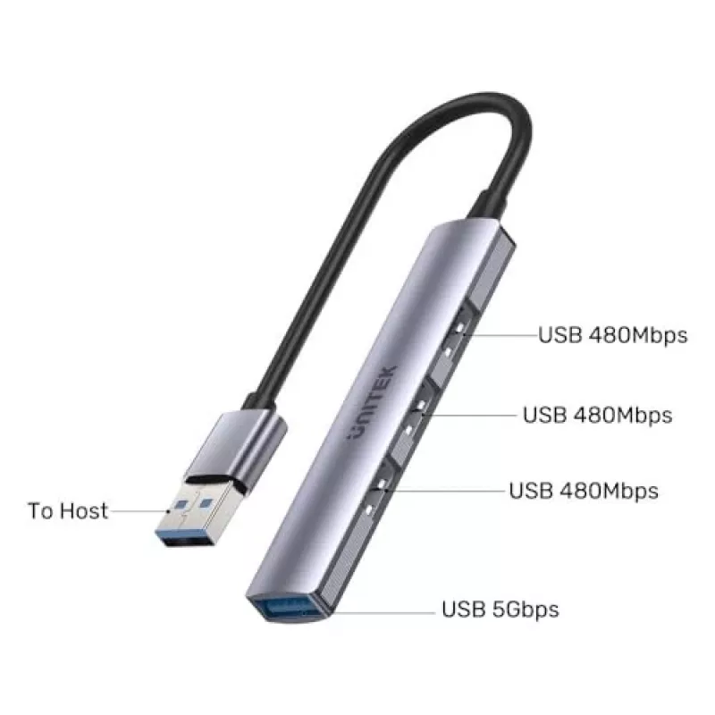 Unitek H1208A USB-A-hub, 4 poorten (1x USB-A 5 Gbps, 3x USB-A 2.0), aluminium, zilver