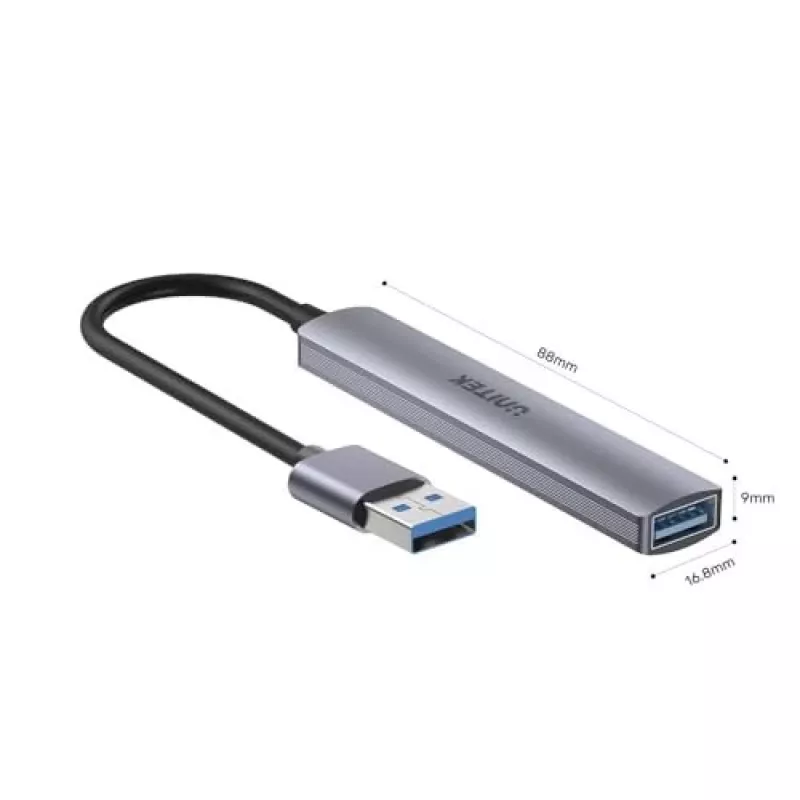 Unitek H1208A USB-A-hub, 4 poorten (1x USB-A 5 Gbps, 3x USB-A 2.0), aluminium, zilver