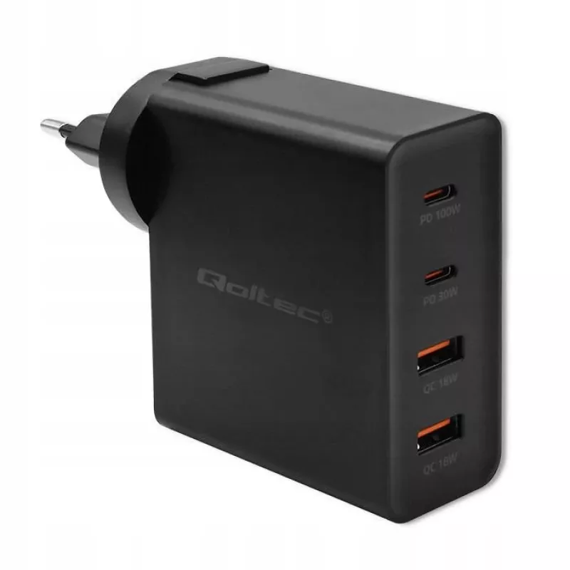 Qoltec GaN POWER PRO oplader | 2xUSB-C | 2xUSB | 130W | 5-20V | 1.5-5A | XP | zwart