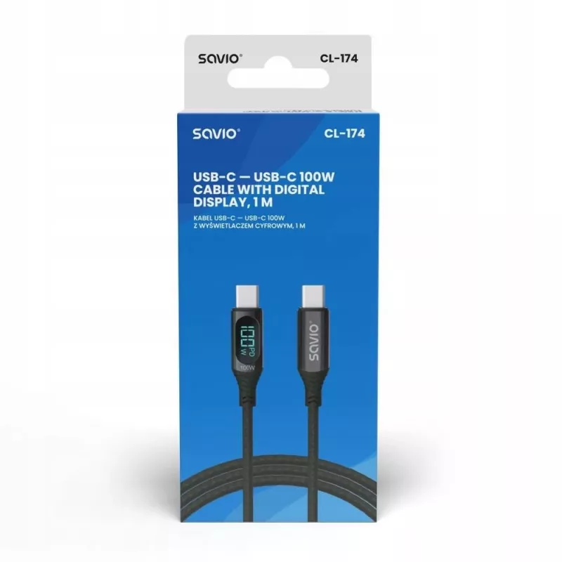 Savio CL-174 USB-C-naar-USB-C-kabel, 100 W, Power Delivery/Quick Charge, digitaal display, 1 m, groen