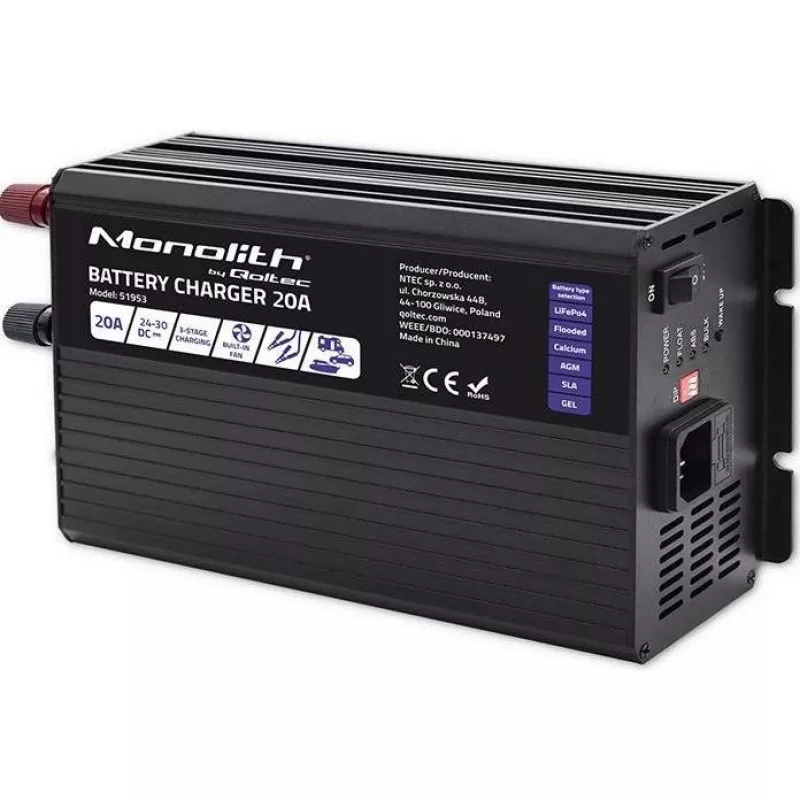 Qoltec Smart Monolith acculader voor LiFePO4 AGM GEL SLA accu's | 20A | 24V