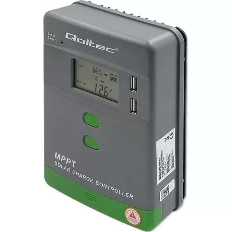 Qoltec, solar MPPT-laadregelaar met temperatuursensor 20A 12V/24V display LCD 2 X USB