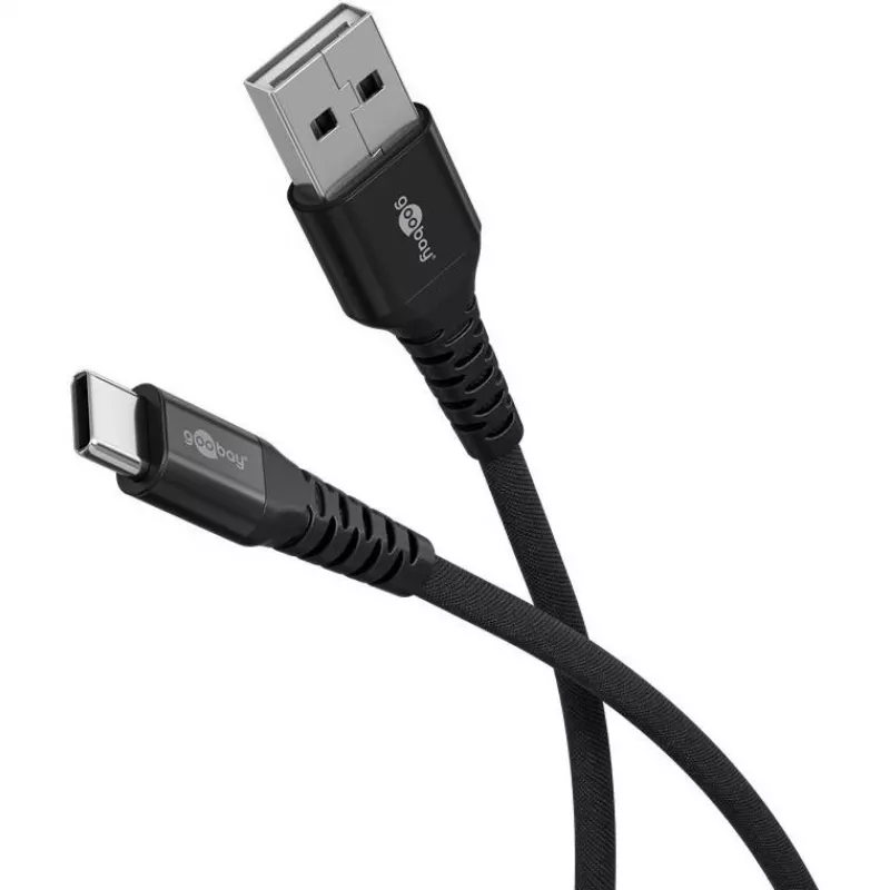 Goobay USB-C-kabel Fabric Supersoft met metalen stekkers, 2 m, zwart (2m, USB 2.0, 60W), USB-kabel