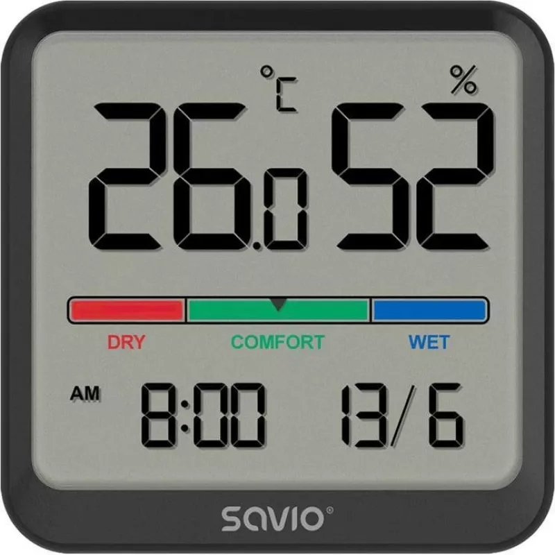 Savio CT-01/B draadloze temperatuur- en vochtigheidssensor voor binnen, LCD, klok, datum, magnetische houder, zwart