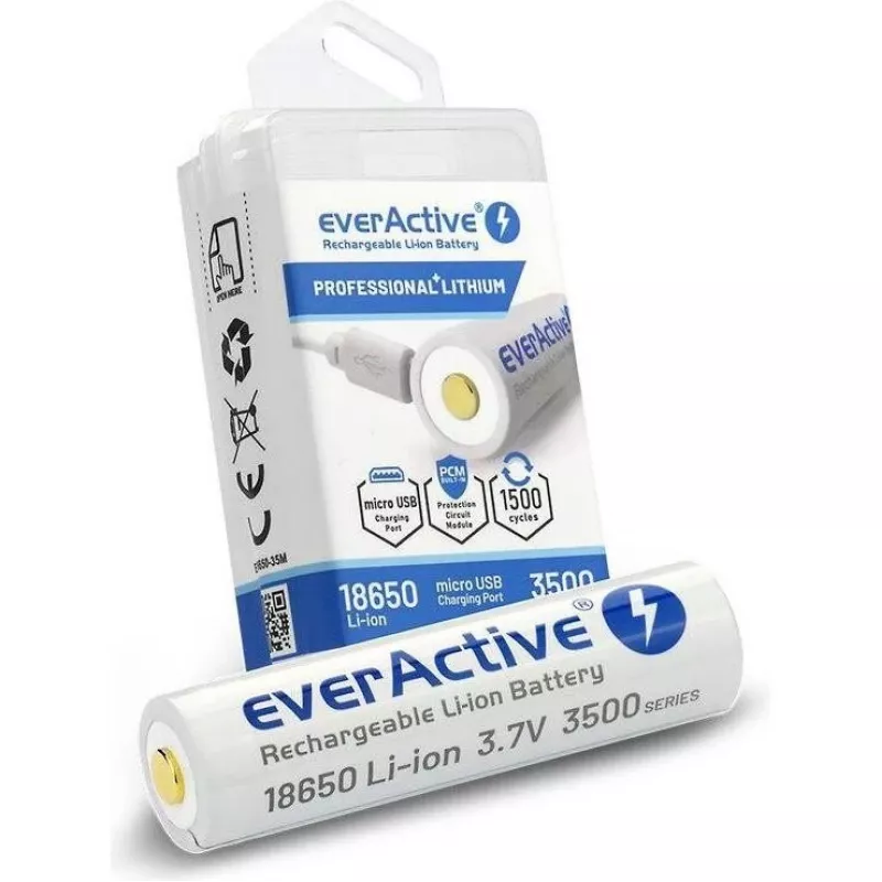 18650 Li-Ion 3,7V everActive 3500mAh batterij (1 stuks) micro-USB met beveiliging