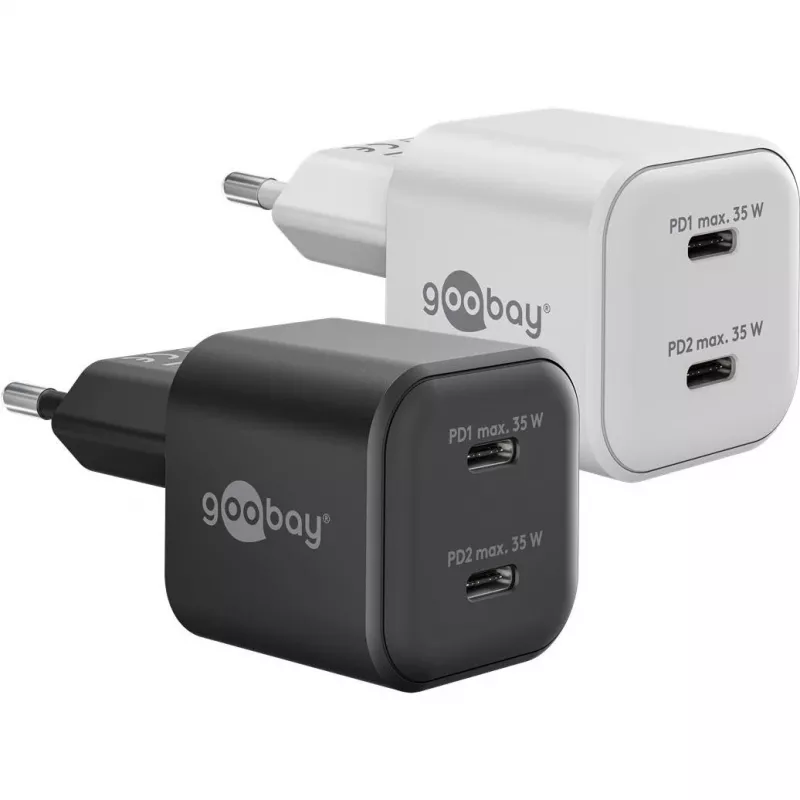USB-C dual-fast oplader Nano, PD, GaN, 35 watt (wit, 2x USB-C, Power Delivery 3.0)
