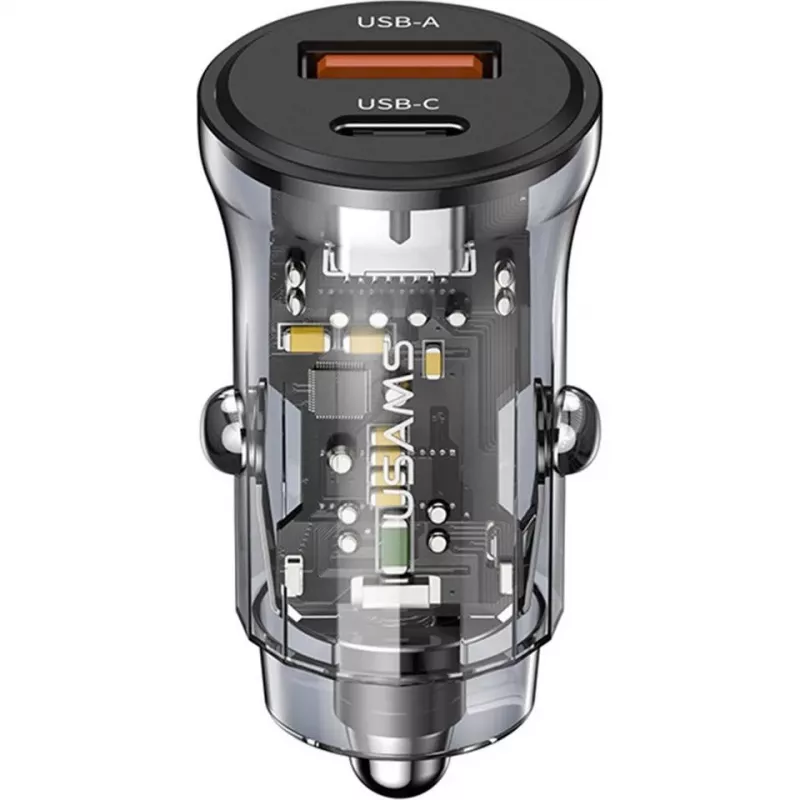 Autolader usams CC164CC01 30W met 1×USB-A en 1×USB-C voor snelladen