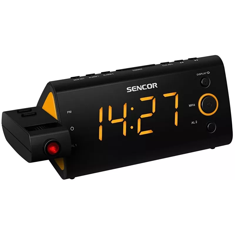 Klokradio SENCOR SRC 330 OR — FM-klokradio met 1,2-inch led-display, dual-alarm, rode 180°-projectie, binnentemperatuur, batterijbuffer