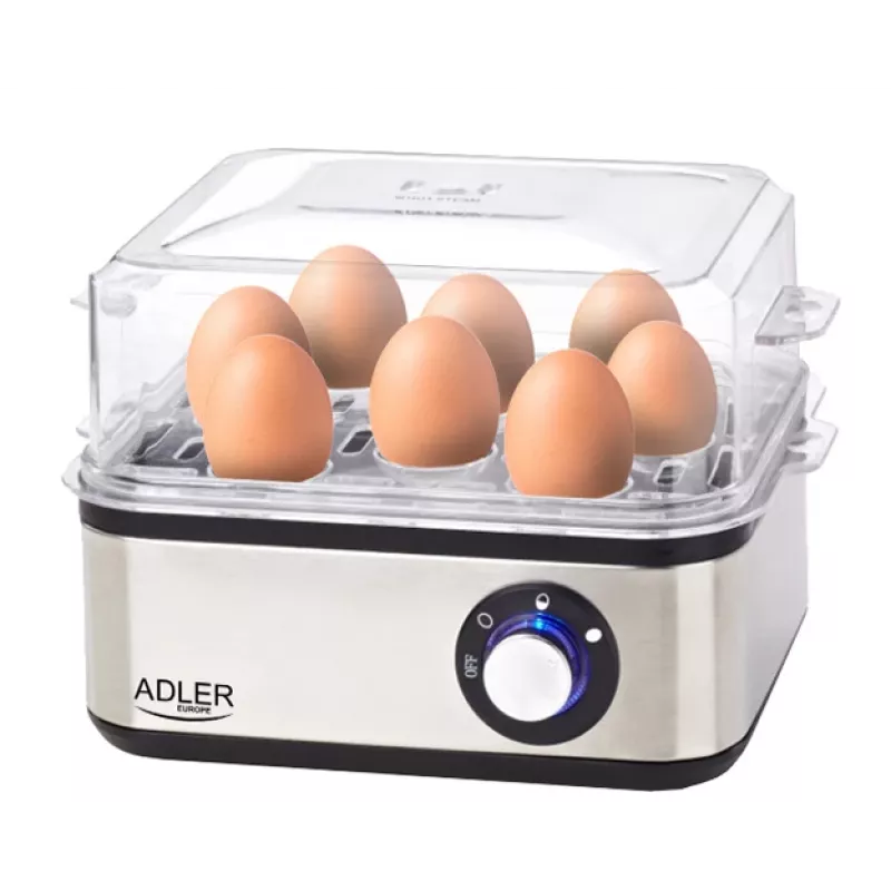 Eierkoker Adler AD 4486 — capaciteit voor 8 eieren, 800 W, zwart satijnstaal met transparant deksel