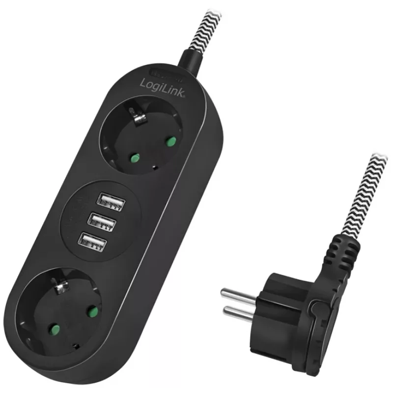 Verlengsnoer LogiLink LPS262U 1,5 m 2 AC-stopcontacten binnen zwart