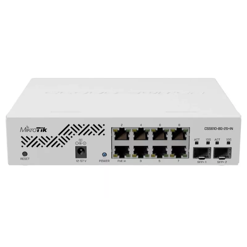 Netwerkswitch MikroTik CSS610-8G-2S+IN — 8x Gigabit RJ-45, 2x SFP+ 10G, PoE, 12–57V ingang