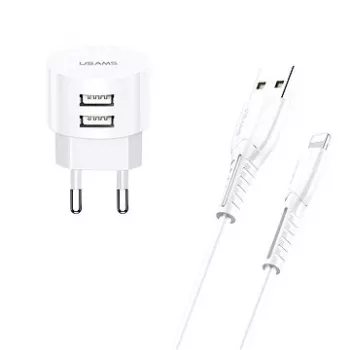 usams oplader T20 2x USB 2.1A met Lightning-kabel – draagbare USB-wandlader
