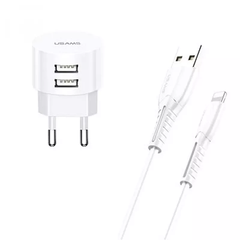 usams oplader T20 2x USB 2.1A met Lightning-kabel – draagbare USB-wandlader