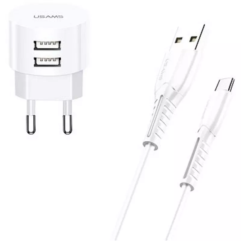 Oplader usams XTXLOGT18TC05 met 2x USB-aansluitingen en geïntegreerde USB-C-kabel, 2,1A uitgang