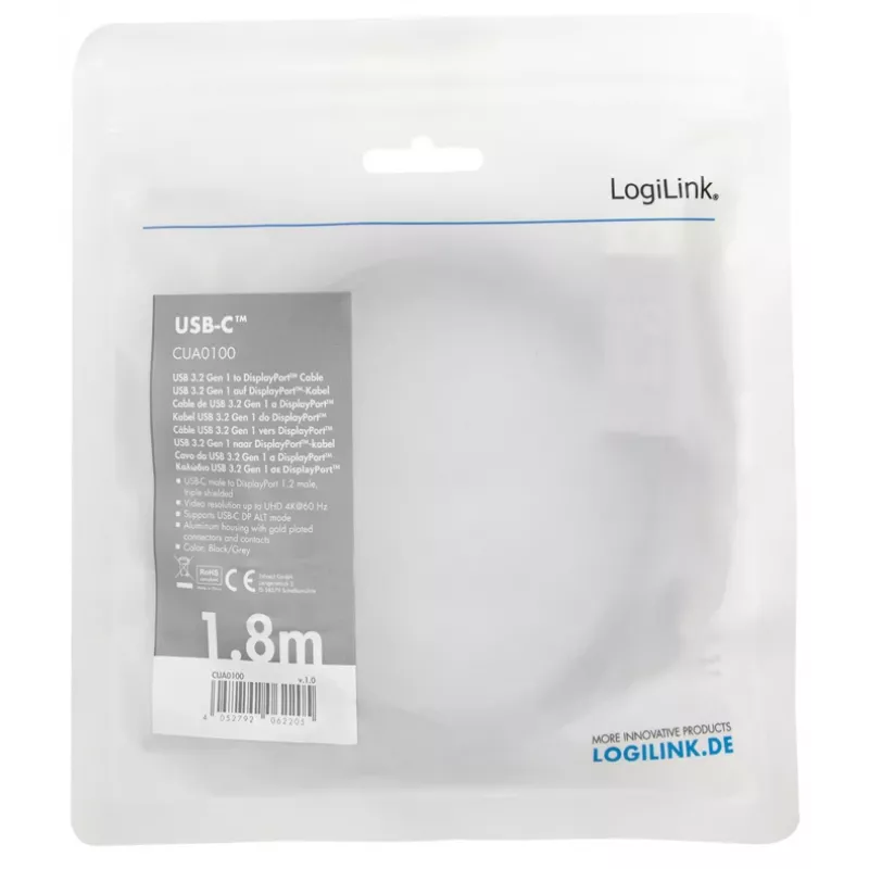 LogiLink CUA0100 kabeladapter DisplayPort USB 3.2 Gen1 Type-C 1,8m zwart grijs