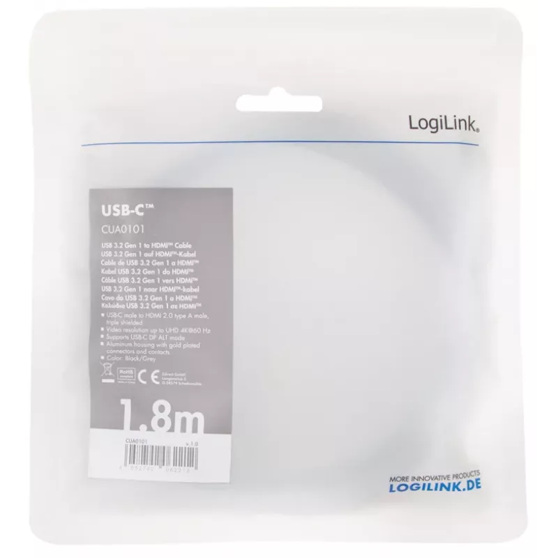 LogiLink CUA0101 USB 3.2 Gen1 Type-C naar HDMI-A kabel 1,8 m zwart grijs