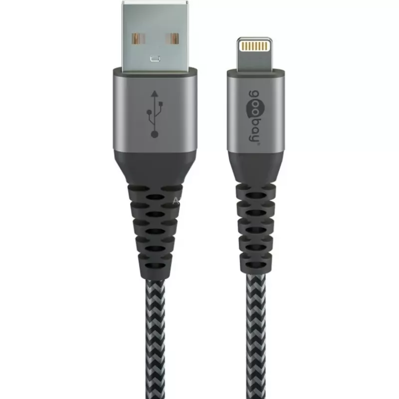 Goobay 49268 textielkabel van Lightning naar USB-A met metalen stekkers, MFi, 1 m, spacegrijs/zilver