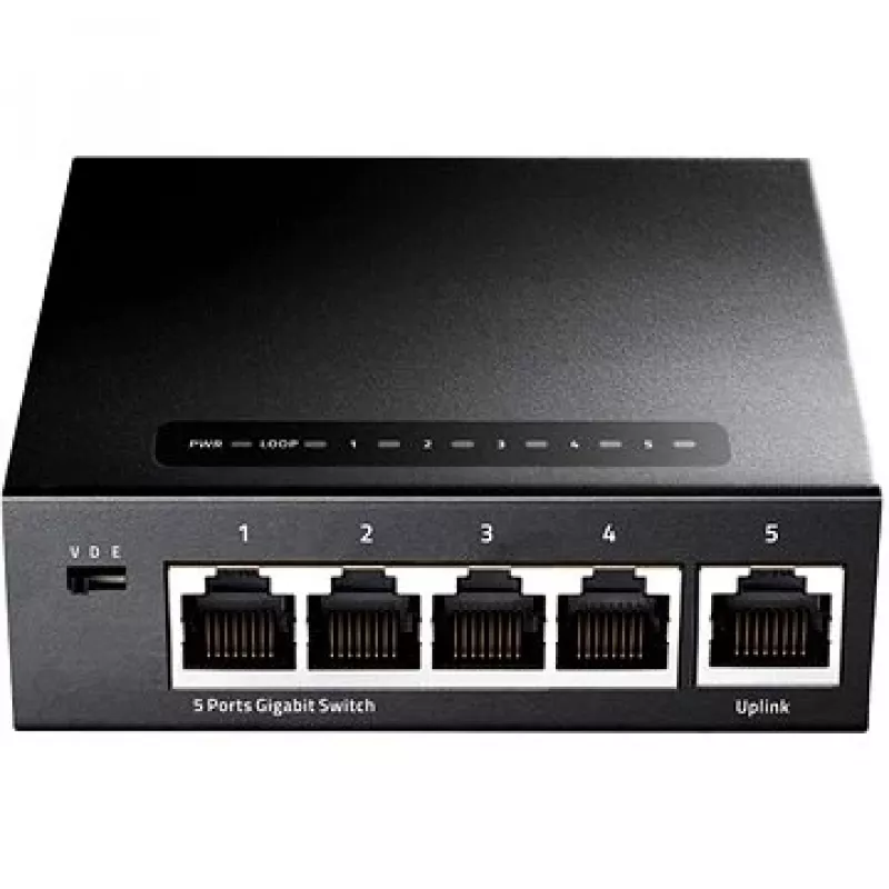 Netwerkswitch Cudy GS105 — 5-poorts gigabit-ethernet (10/100/1000), zwart, 5 V DC voeding inbegrepen