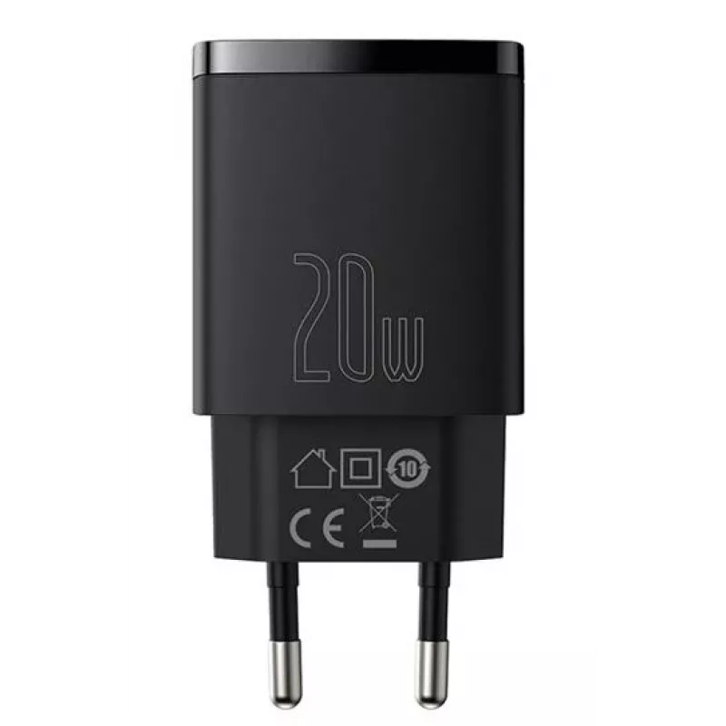 Indoor USB-snellader Baseus CCXJ-B01 – 2 poorten (USB-C PD 20W + USB-A QC3.0 18W), 100–240 V, zwart