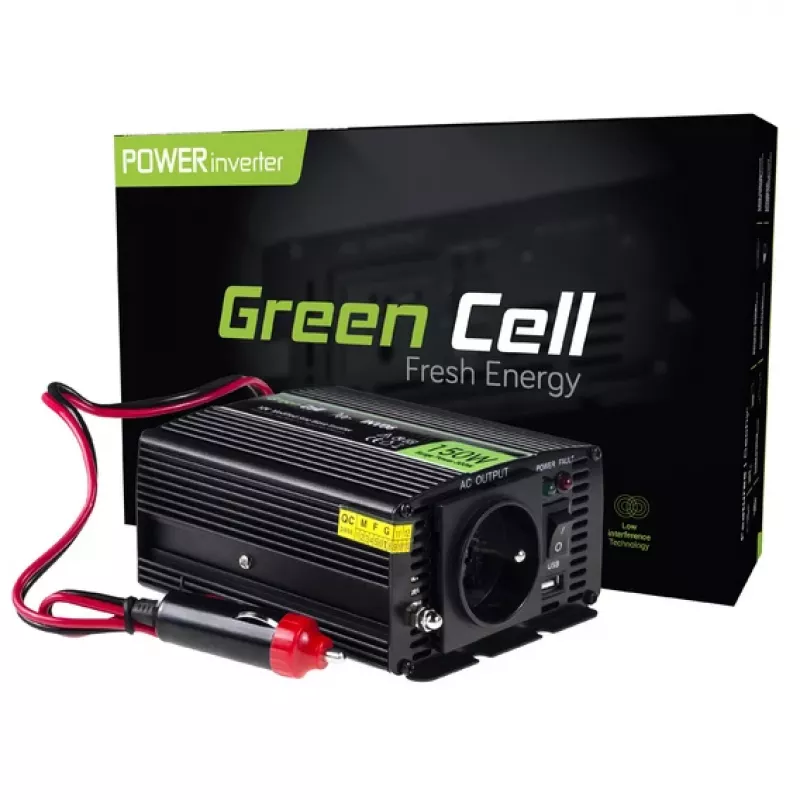 Omvormeradapter Green Cell INV06 12V naar 230V 150W 50Hz Type-C stekker, 85% efficiëntie, zwart