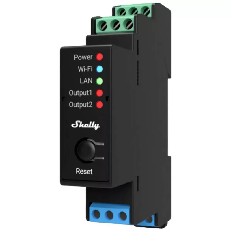 Shelly Pro 2PM 2-kanaals slim DIN-railrelais met energiemeting, 25 A, wifi, LAN, Bluetooth, zwart