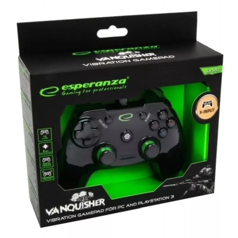 Esperanza EGG110K Vanquisher bedrade USB-gamepad voor pc/PS3, met trillingen, 12 knoppen, 2 analoge sticks, zwart/groen