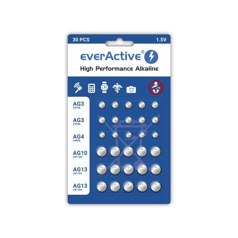 Alkalinebatterijen everActive AGMIX30BL 1,5 V — verpakking met 30 stuks, knoopcellen