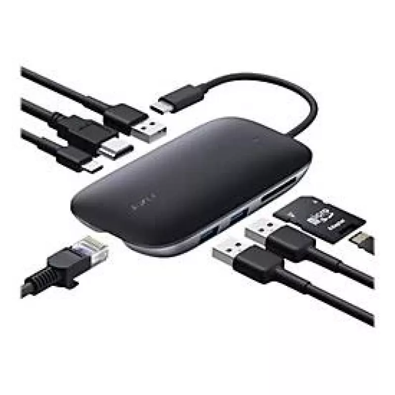 AUKEY CB-C71 8-in-1 USB-C-hub, 3x USB-A 3.0, HDMI 4K@30Hz, Gigabit RJ45, SD/microSD, USB-C PD 100 W, kabel 0,15 m, aluminium, zwart
