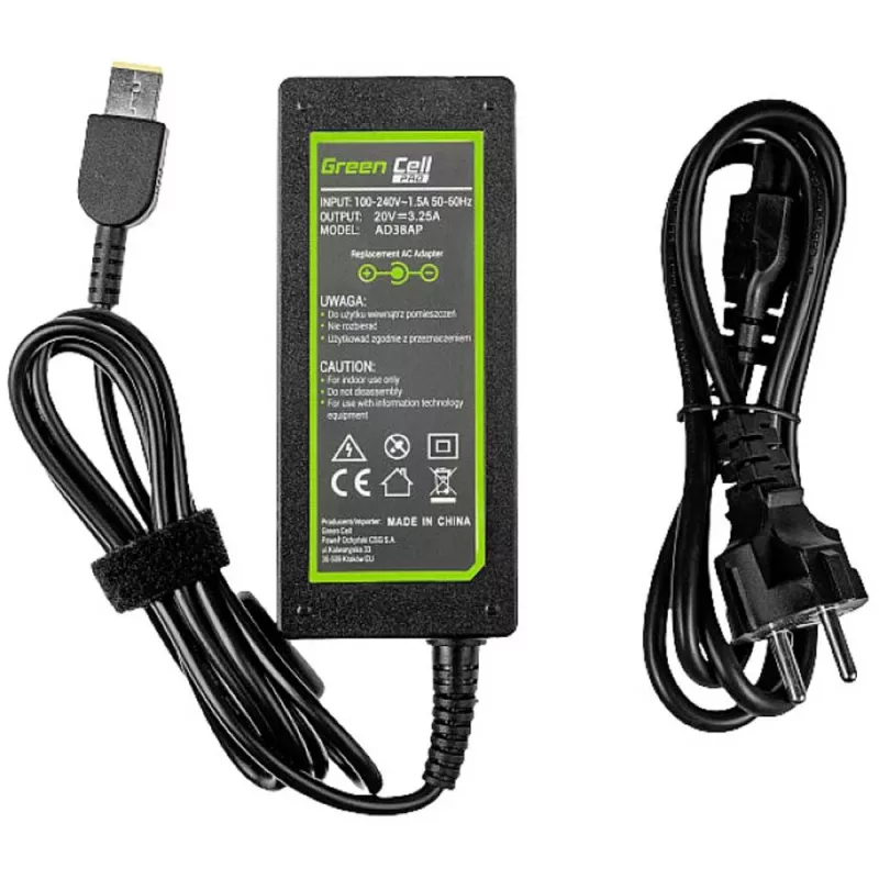 Voeding Green Cell AD38AP 65W voor Lenovo laptops, 20V 3,25A, 1,2 m kabel, zwart