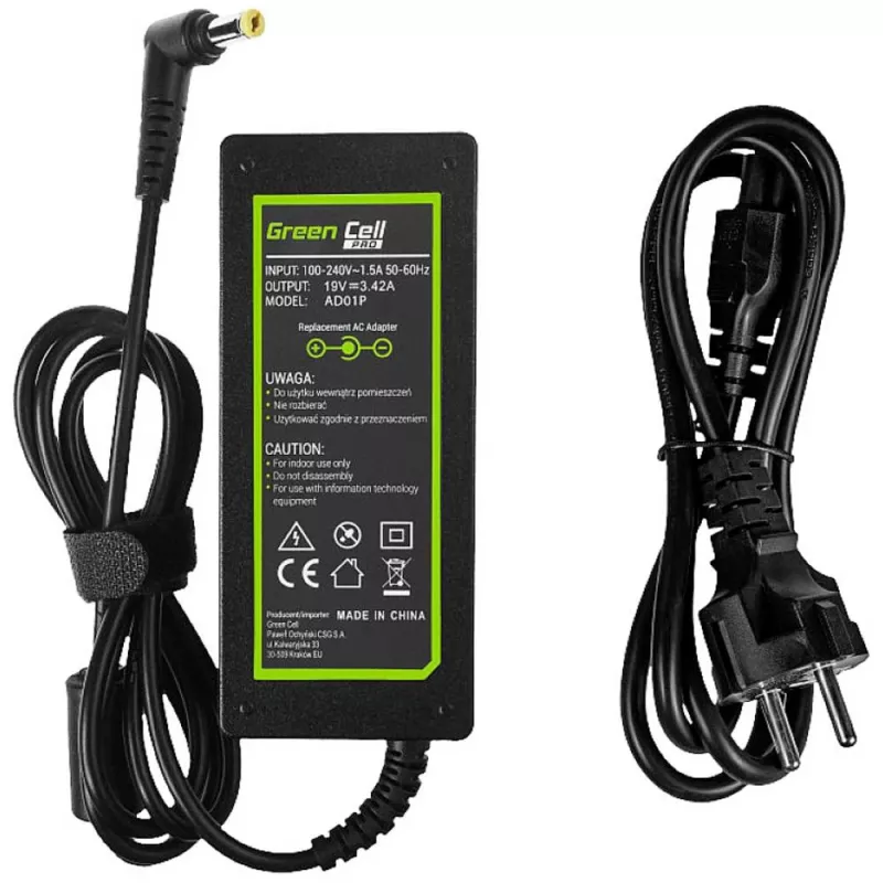 Voeding Green Cell AD01P — 60 W, 19 V 3,42 A, laptopvoeding voor binnen, zwart