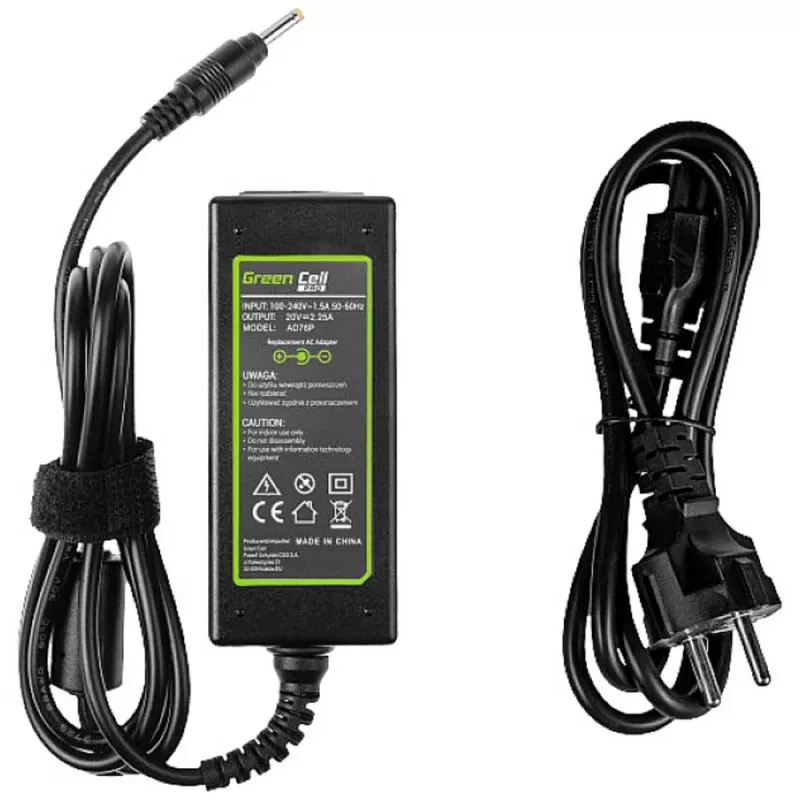 Voeding Green Cell AD76P 45W voor Lenovo laptops, 20V 2,25A, AC-naar-DC, 100–240V ingang, zwart