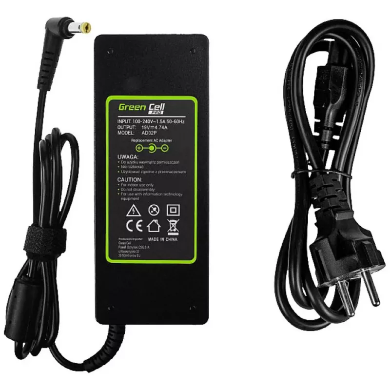 Laptopvoeding Green Cell AD02P 90W 19V 4,74A AC-naar-DC voor binnen zwart