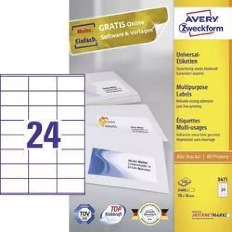 Avery multifunctionele etiketten laser kopieerapparaat inkjet 24 per vel 70x36mm