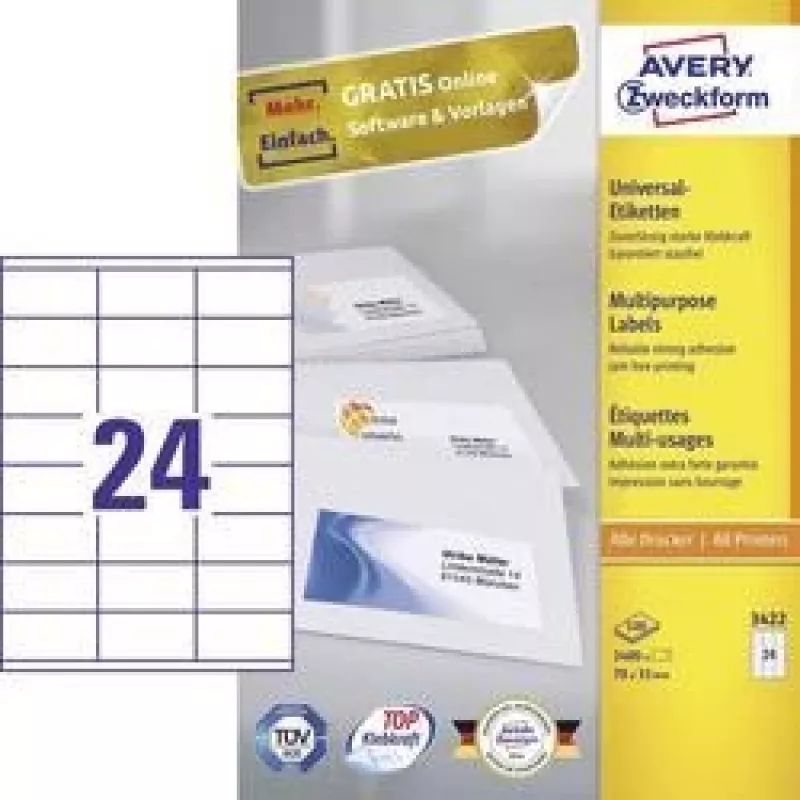 Universele etiketten 70x35mm inkjetlaserkopie A4 100 vel 2400 stuks wit