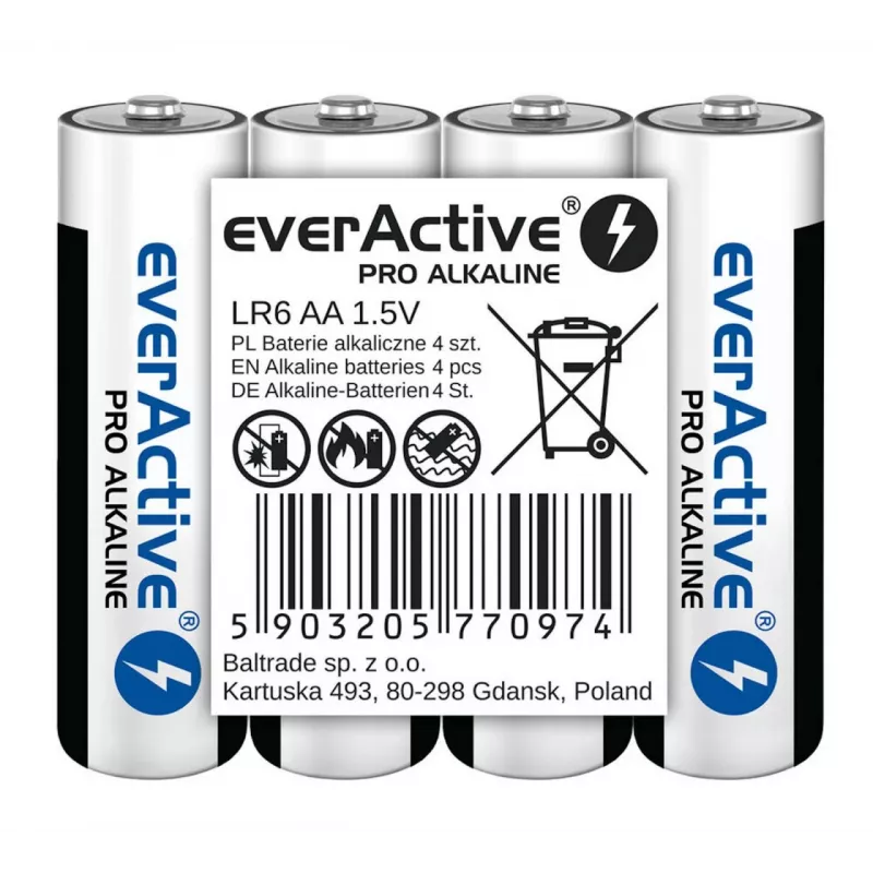 Alkalinebatterijen everActive LR6 AA 4-pack — 1,5 V, 3000 mAh, 50,5 × 14,5 mm