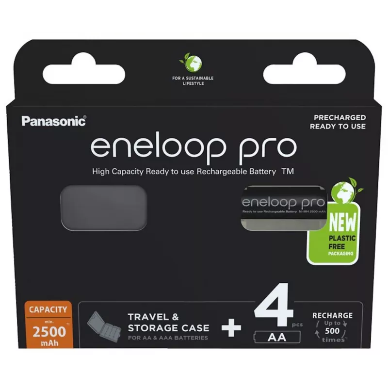 Accu's PANASONIC ENELOOP PRO AA 2500 mAh 4 stuks + etui (BK-3HCDE/4CP+CASE)