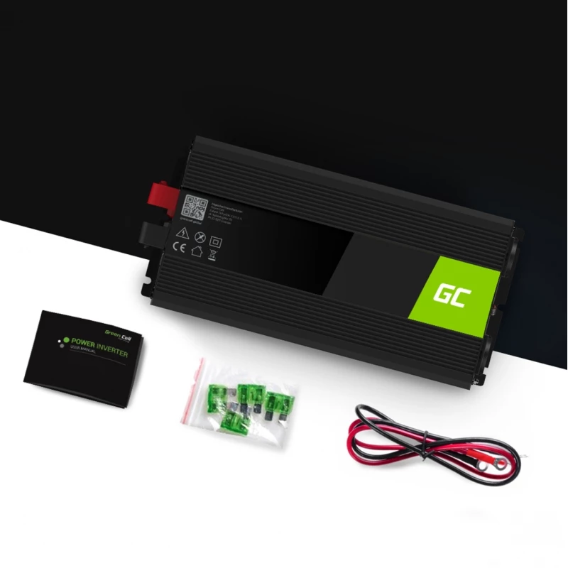 Omvormer Green Cell INV12 3000 W 12 V naar 230 V, 50 Hz, 1 USB, actieve koeling, zwart