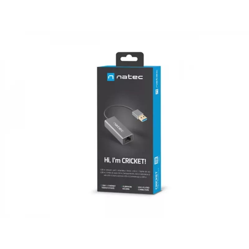 Natec Cricket NNC-1924 USB 3.0 Type-A naar RJ45 Ethernet-adapter, 1000 Mbit/s, kabel van 15 cm, zwart