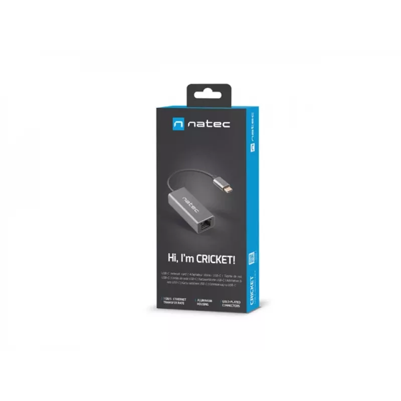Natec Cricket NNC-1925 USB-C 3.1 Gen 1 naar RJ45 Ethernet-adapter, 1000 Mbit/s, kabel van 15 cm, aluminium, grijs
