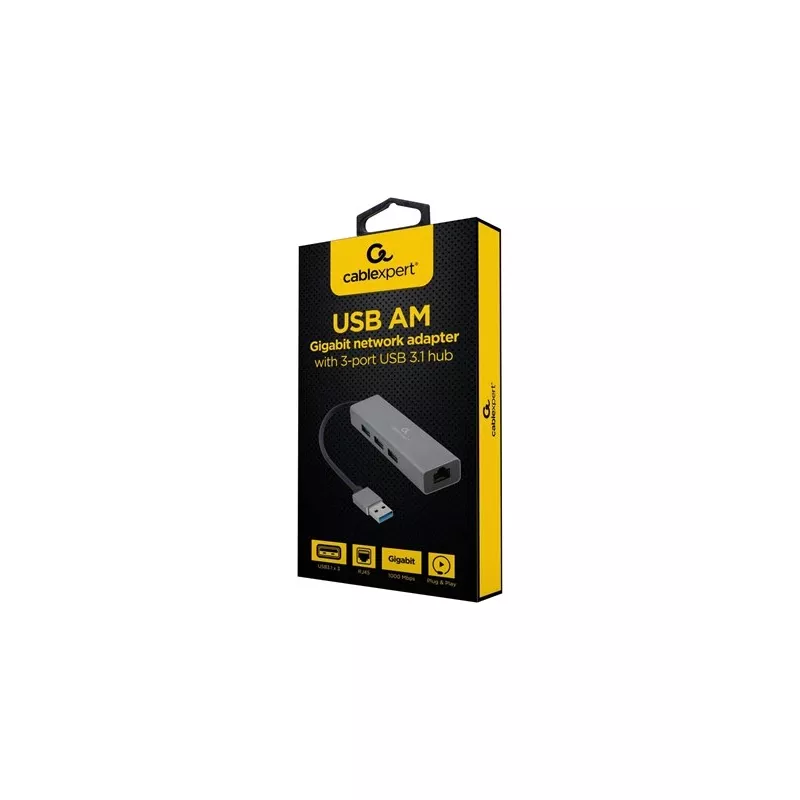 Gembird A-AMU3-LAN-01 USB-A naar Gigabit LAN-adapter met 3-poorts USB 3.0-hub, zwart