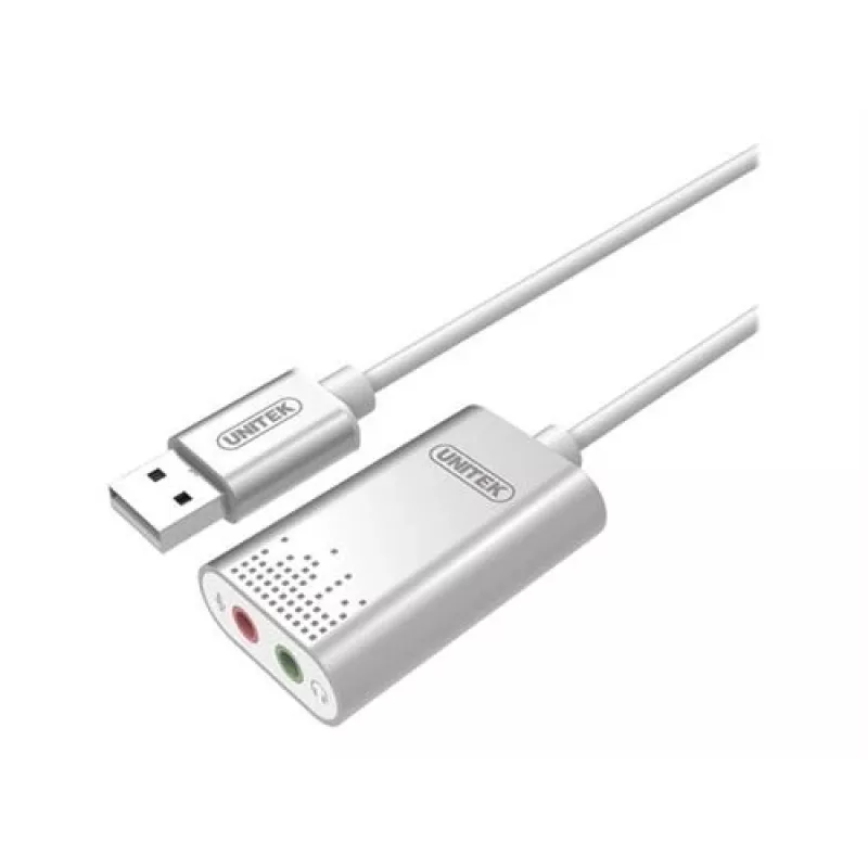 Unitek Y-247A usb-stereogeluidskaart, USB 2.0 type A naar 2x 3,5 mm minijack, aluminium, 47 x 28 mm, zilver